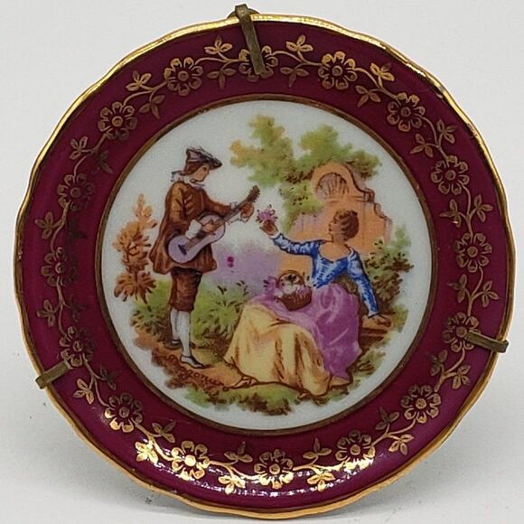 Limoges France Vintage Porcelain Cranberry Gold Gilt Romance Couple Mini Plate - Picture 6 of 6